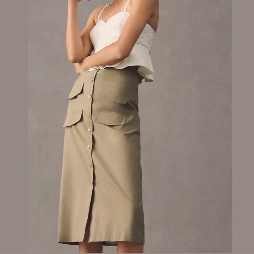 Anthropologie x Mare Mare Cotton Linen Buttondown Utility Midi Skirt Moss Small